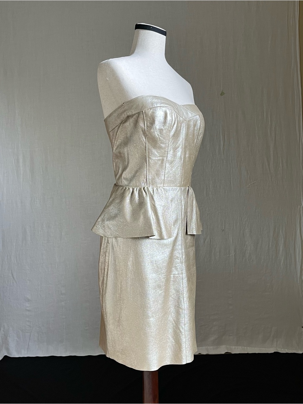 NWOT Rebecca Taylor - Leather Matte Gold Bustier Peplum Dress, Corset Seams - 8